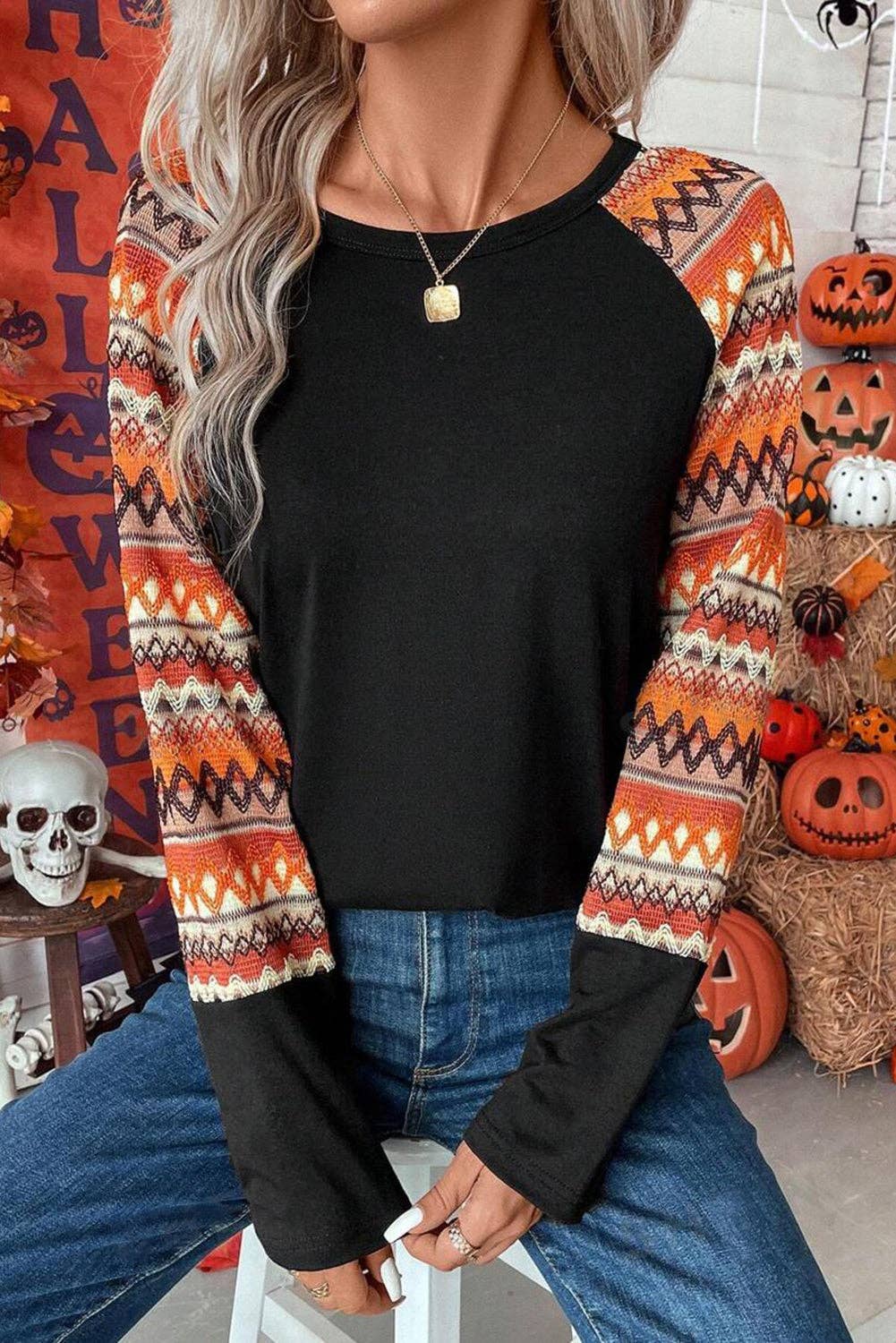 Orange Geo Print Raglan Long Sleeve Tee