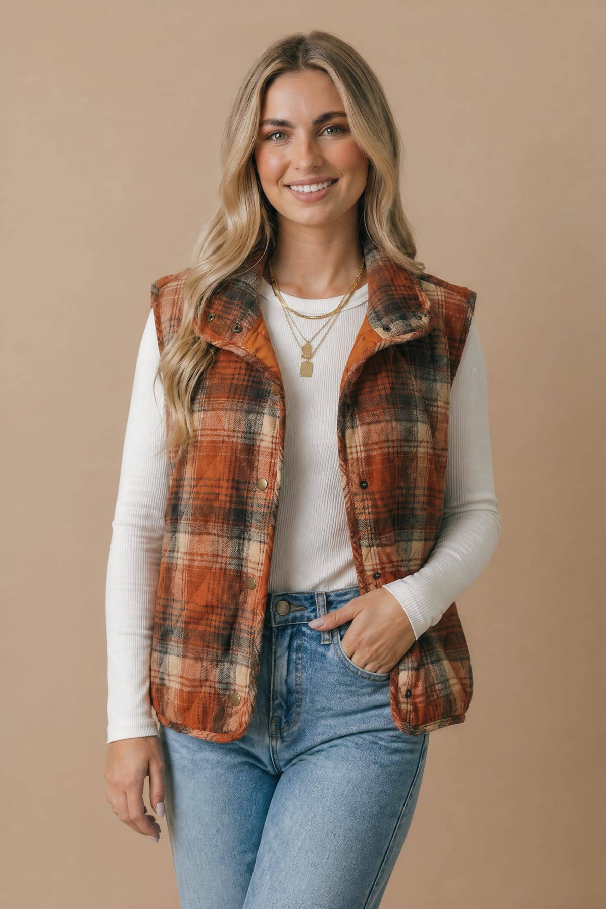 Pre-Order: Plaid Quilted Snap Button Puffer Vest
