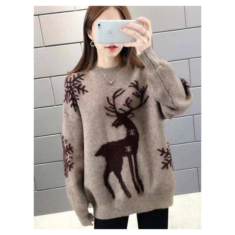 Deer Jacquette Round Neck Knit Sweater