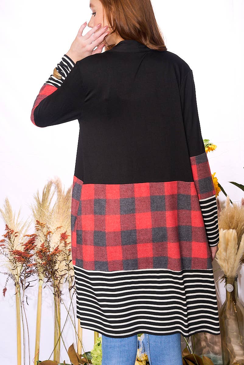 WOMEN'S PLAID CONTRAST OPEN CARDIGAN -PLUS SIZE
