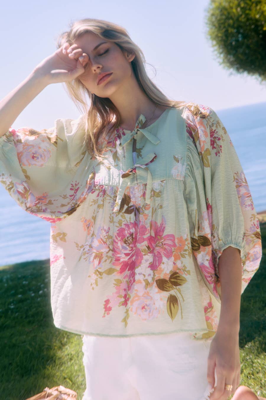 Floral Printed Batwing Sleeve Front Tie Top