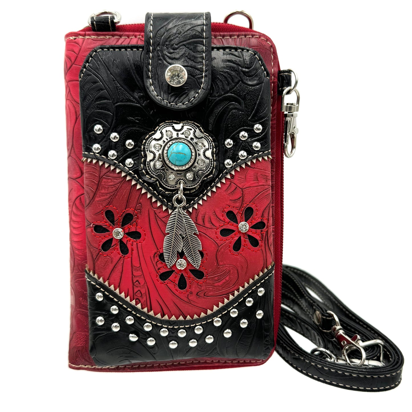 Turquoise Stone Feather Leather Western Phone Wallet