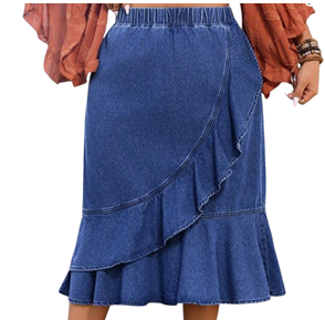 Denim Knee Length Skirt with Ruffle