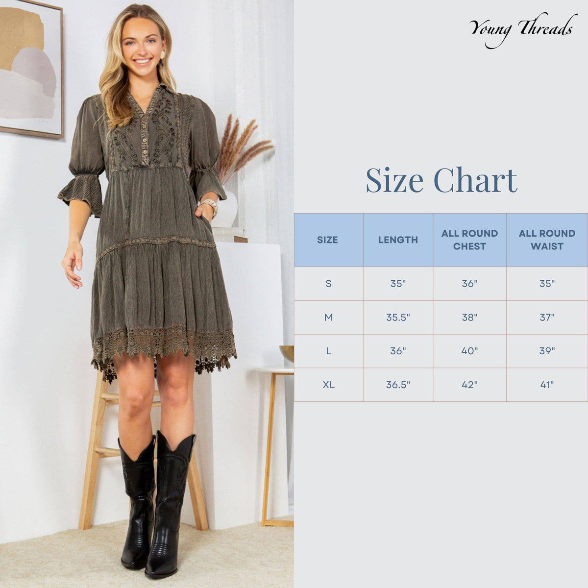 Vintage Romance: Stone-Washed Baby Doll Dress with V-Neck