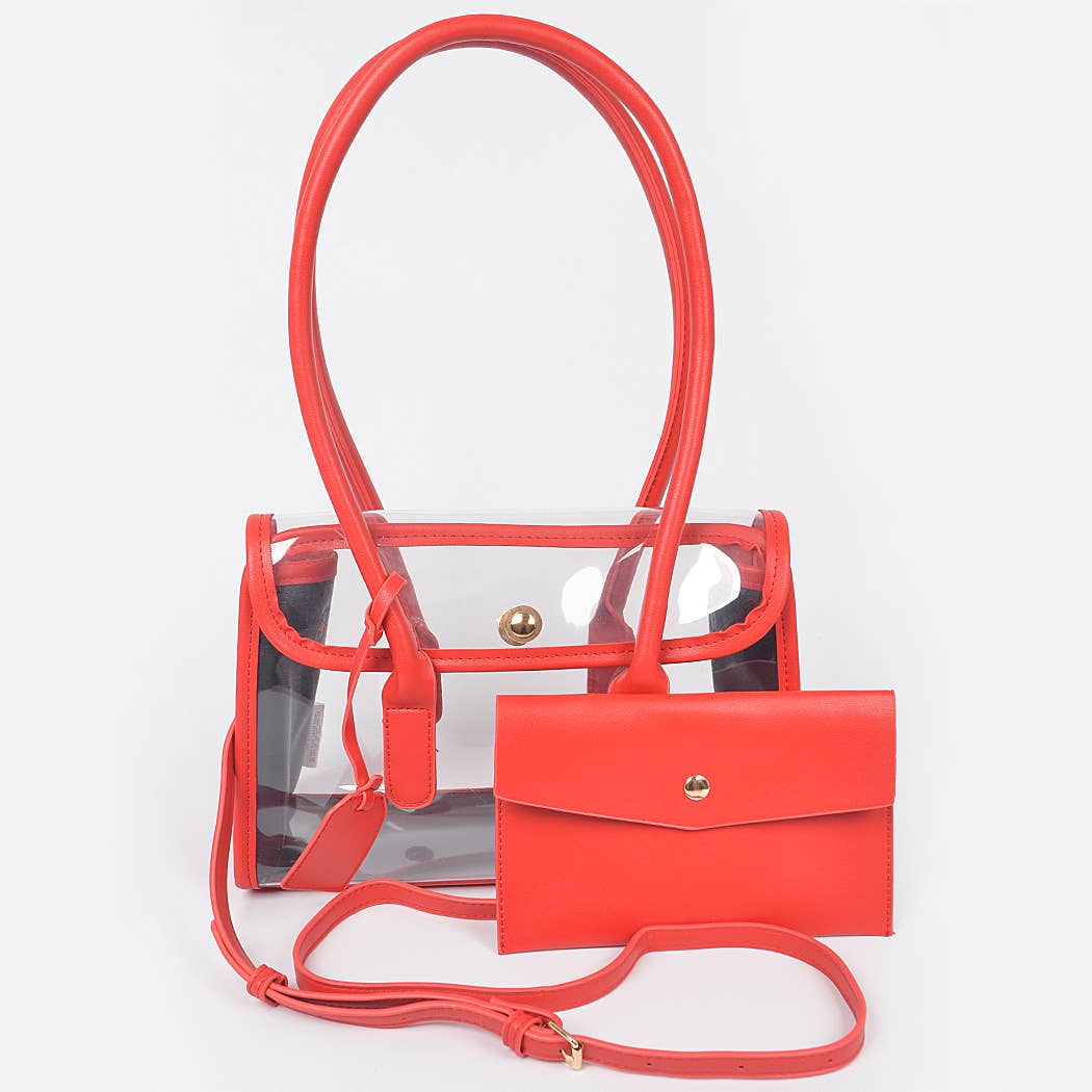 Faux Leather Trimed Clear Bag