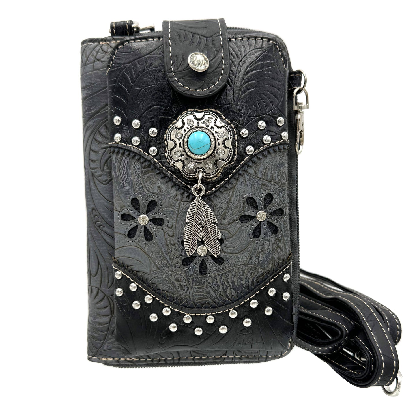 Turquoise Stone Feather Leather Western Phone Wallet