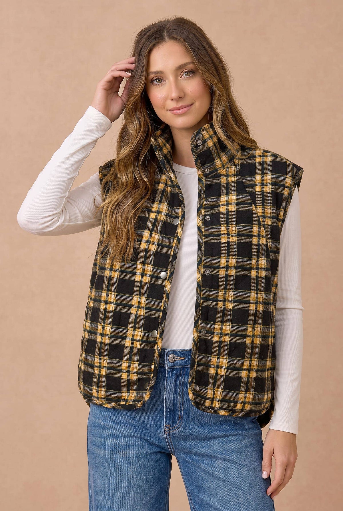Pre-Order: Plus Snap Button Down Plaid Quilted Puffer Vest