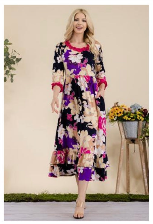 Multi-Colored Floral Print Midi Dress