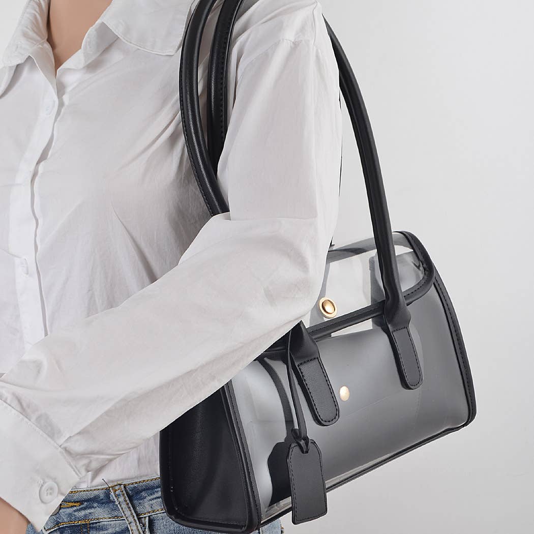 Faux Leather Trimed Clear Bag