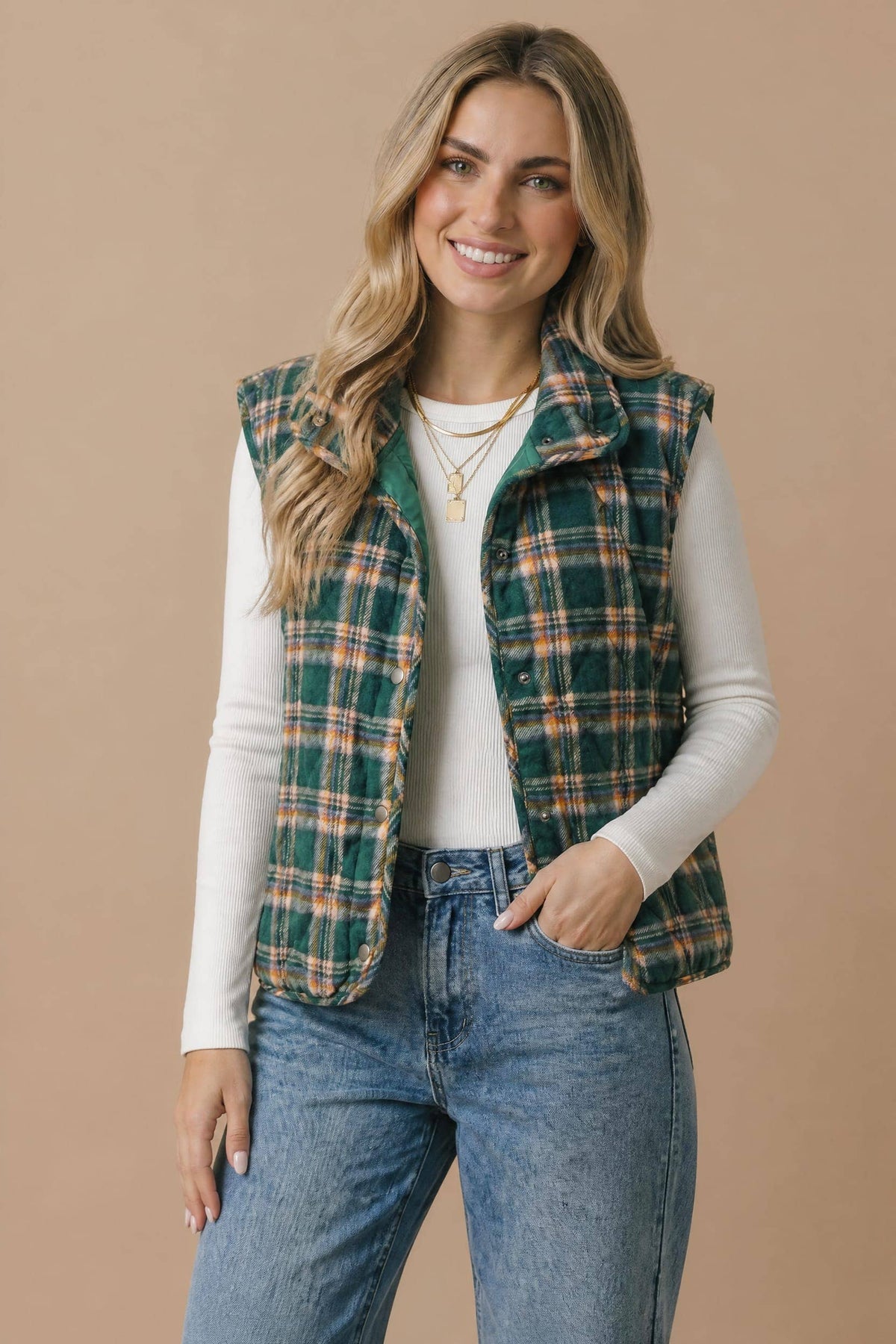 Pre-Order: Snap Button Down Plaid Quilted Puffer Vest
