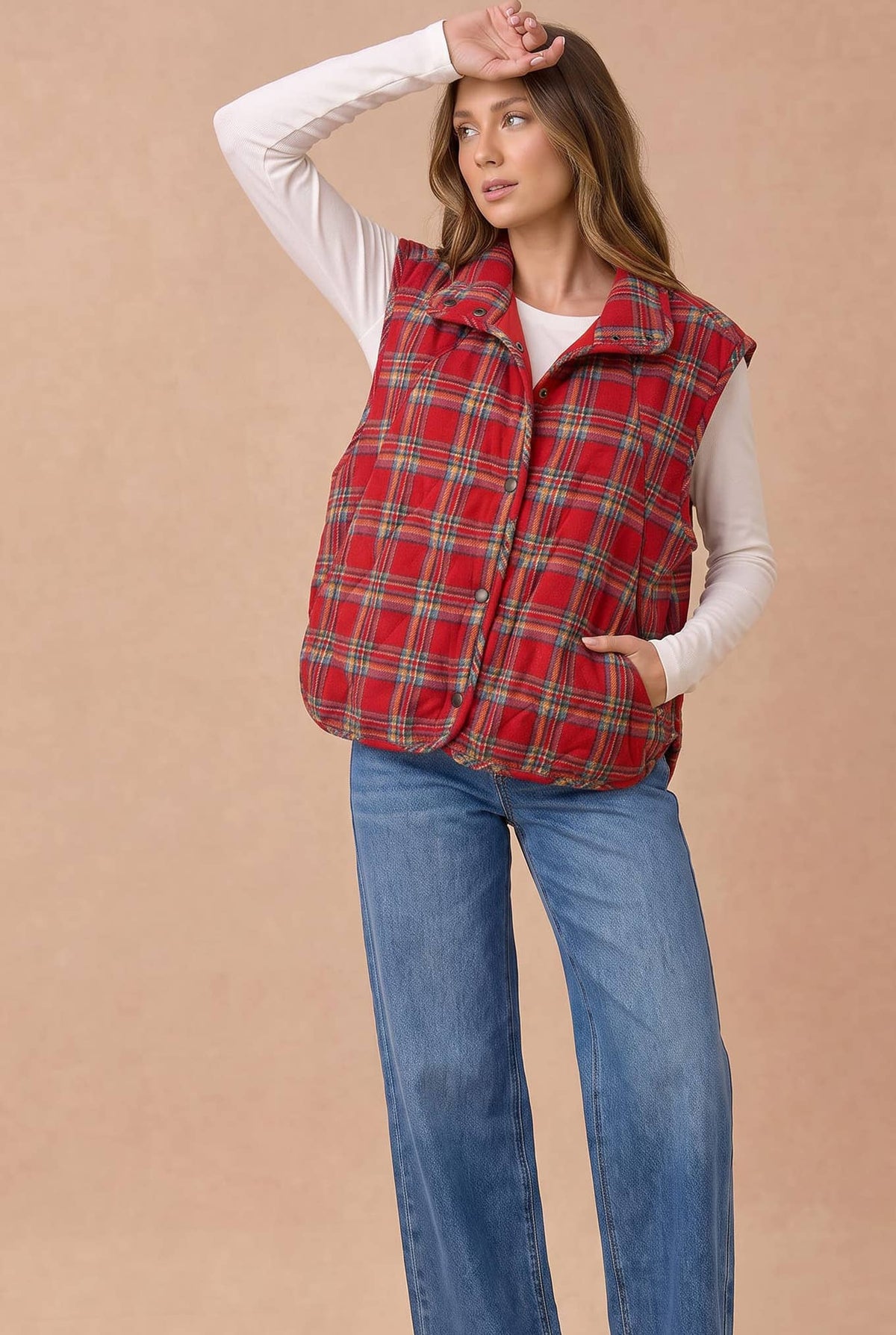Pre-Order: Plus Snap Button Down Plaid Quilted Puffer Vest