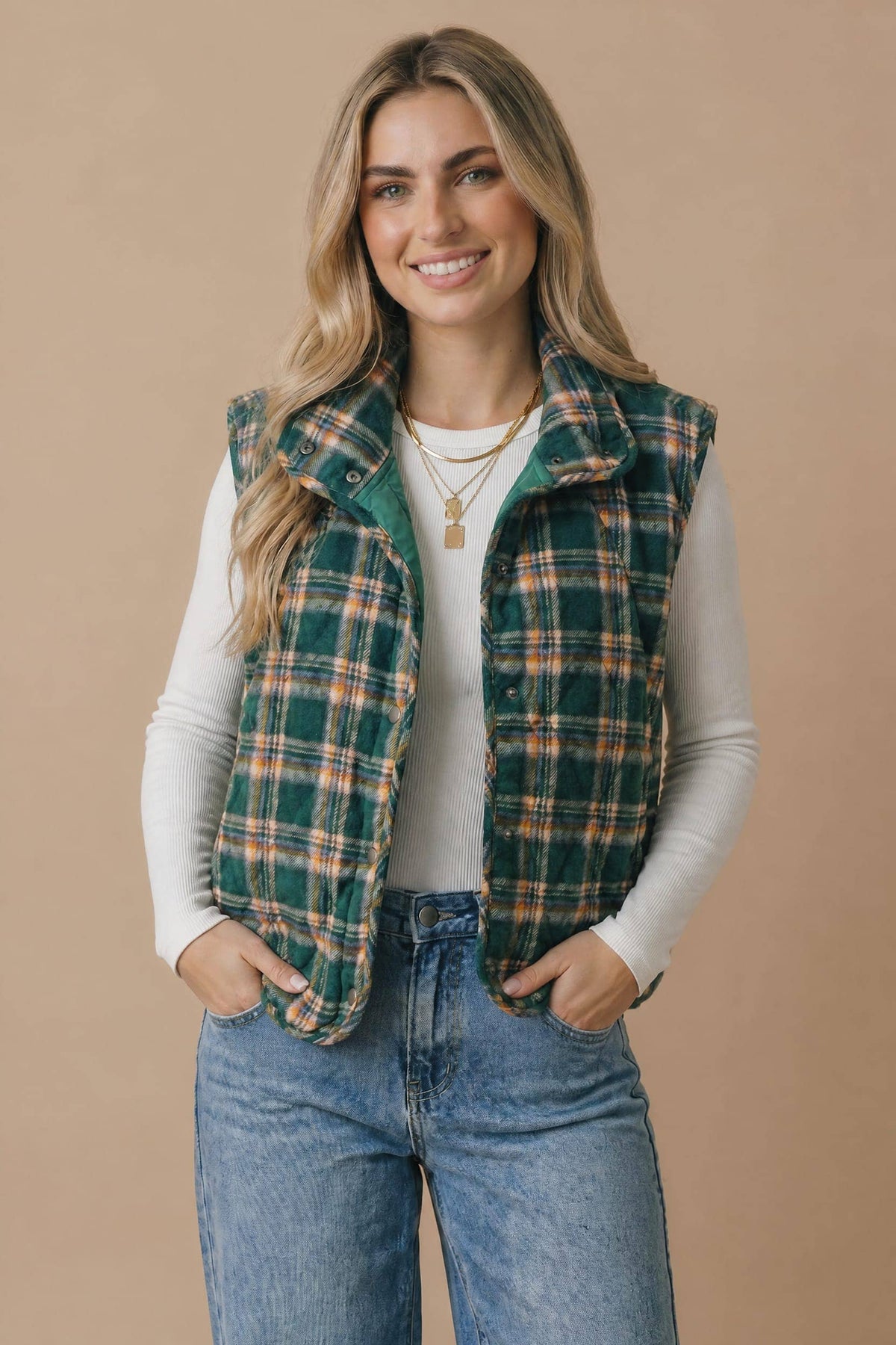 Pre-Order: Plus Snap Button Down Plaid Quilted Puffer Vest