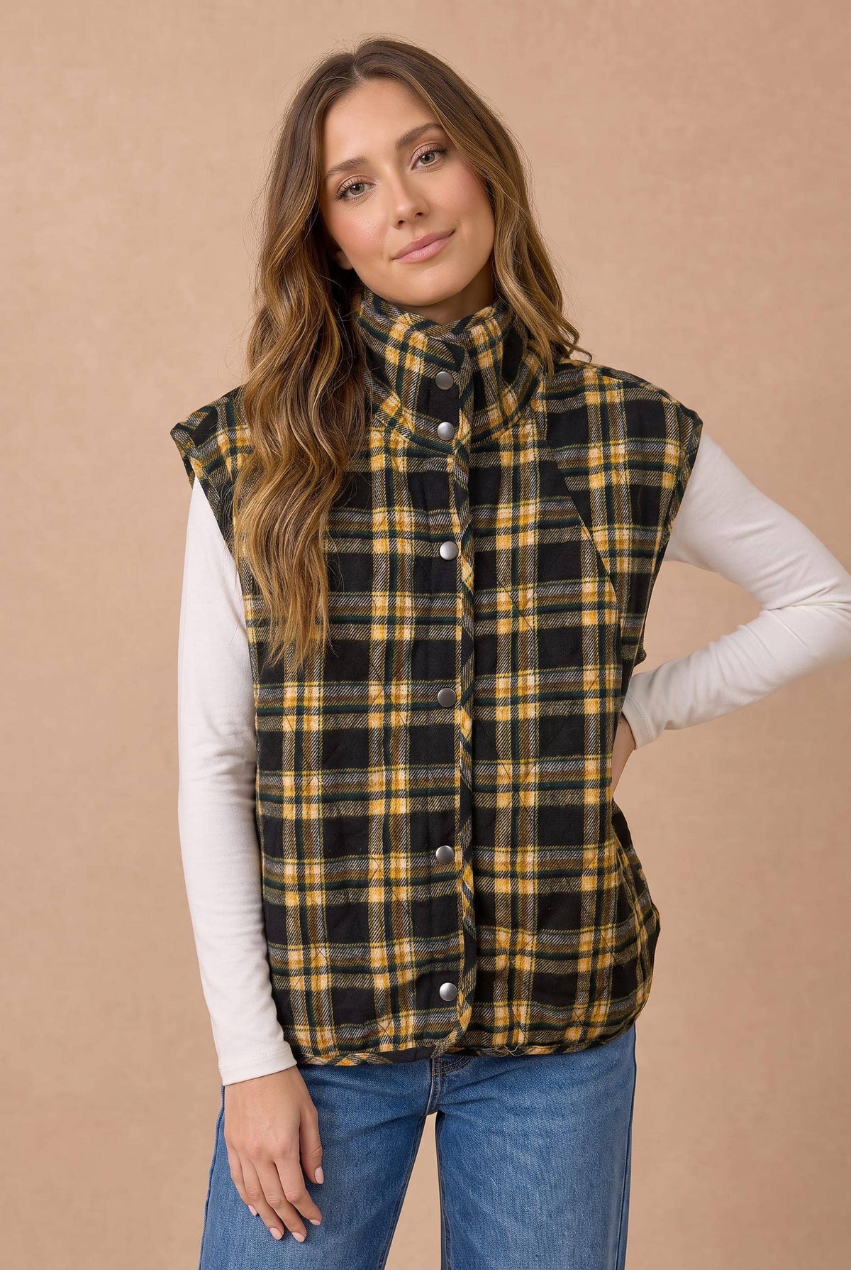 Pre-Order: Plus Snap Button Down Plaid Quilted Puffer Vest