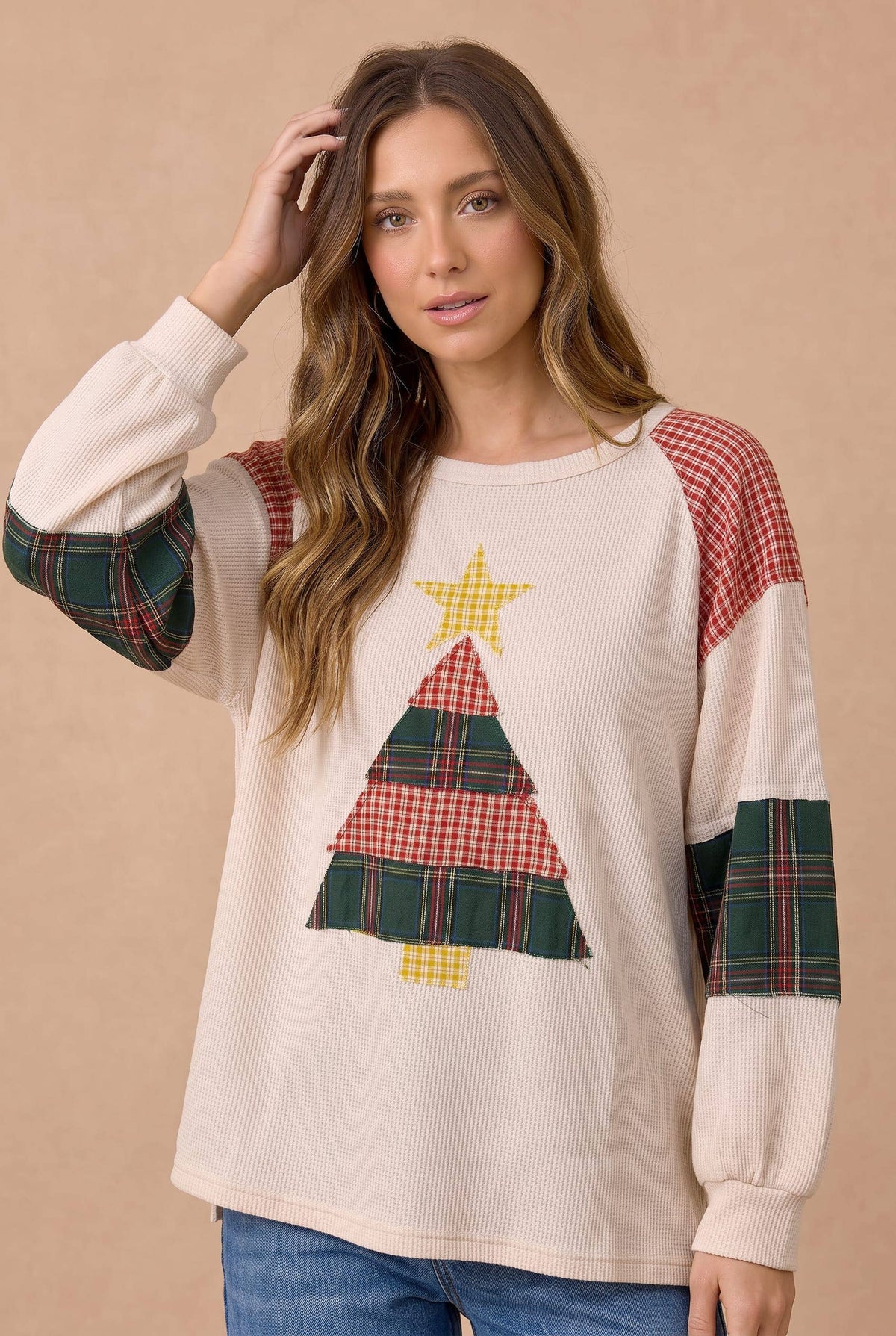 Pre-Order : Christmas Tree Plaid Color Block Top