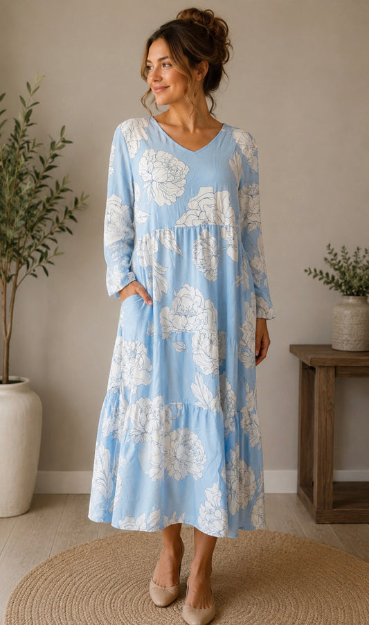Sky Blue Floral Maxi Dress