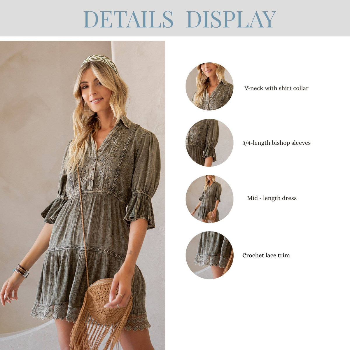 Vintage Romance: Stone-Washed Baby Doll Dress with V-Neck
