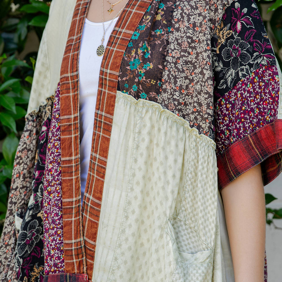 Mixed Patch Kimono Shrug with Draped Asymmetric Hem