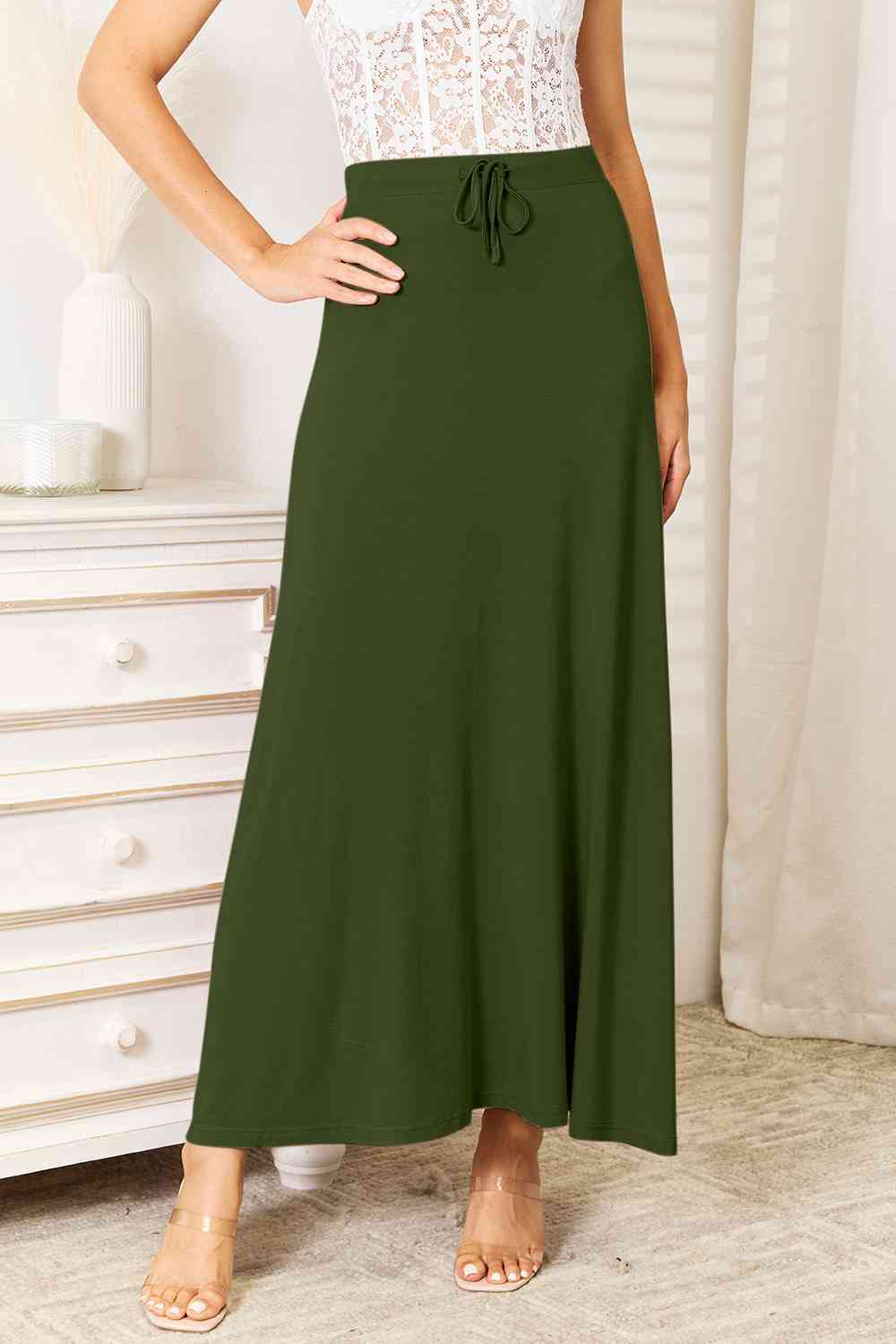Double Take Full Size Soft Rayon Drawstring Waist Maxi Skirt Rayon-4