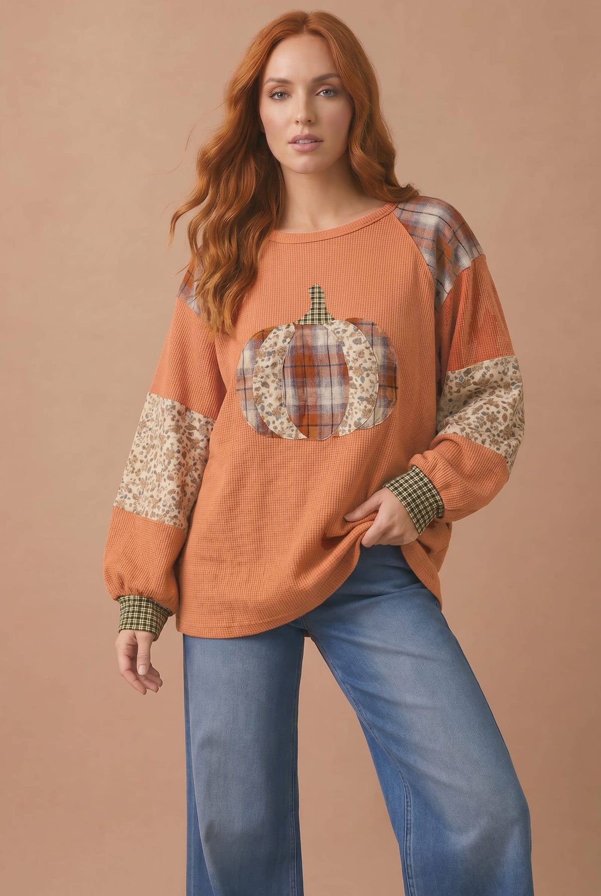 Pre-Order: Pumpkin Patchwork Thermal Knit Top