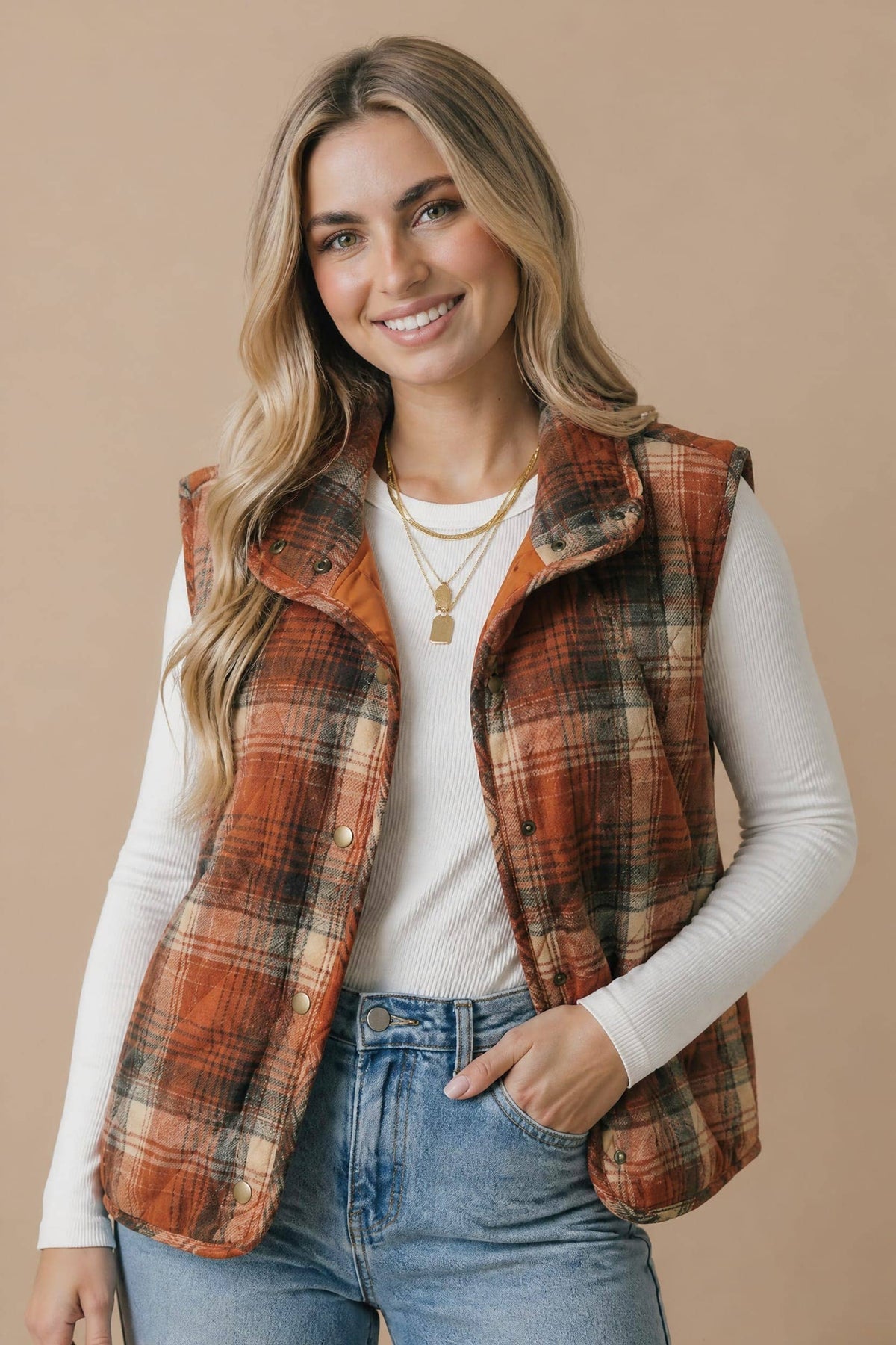 Pre-Order: Plaid Quilted Snap Button Puffer Vest