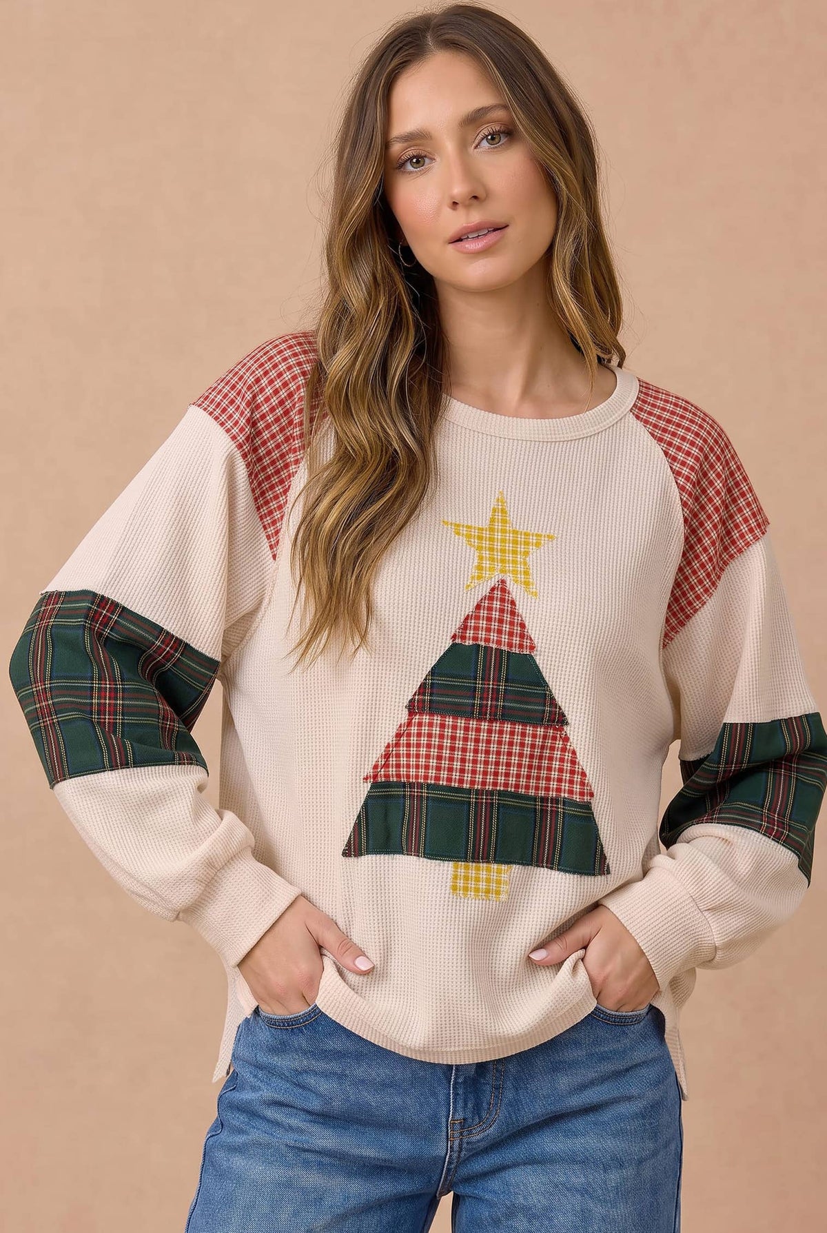 Pre-Order : Christmas Tree Plaid Color Block Top