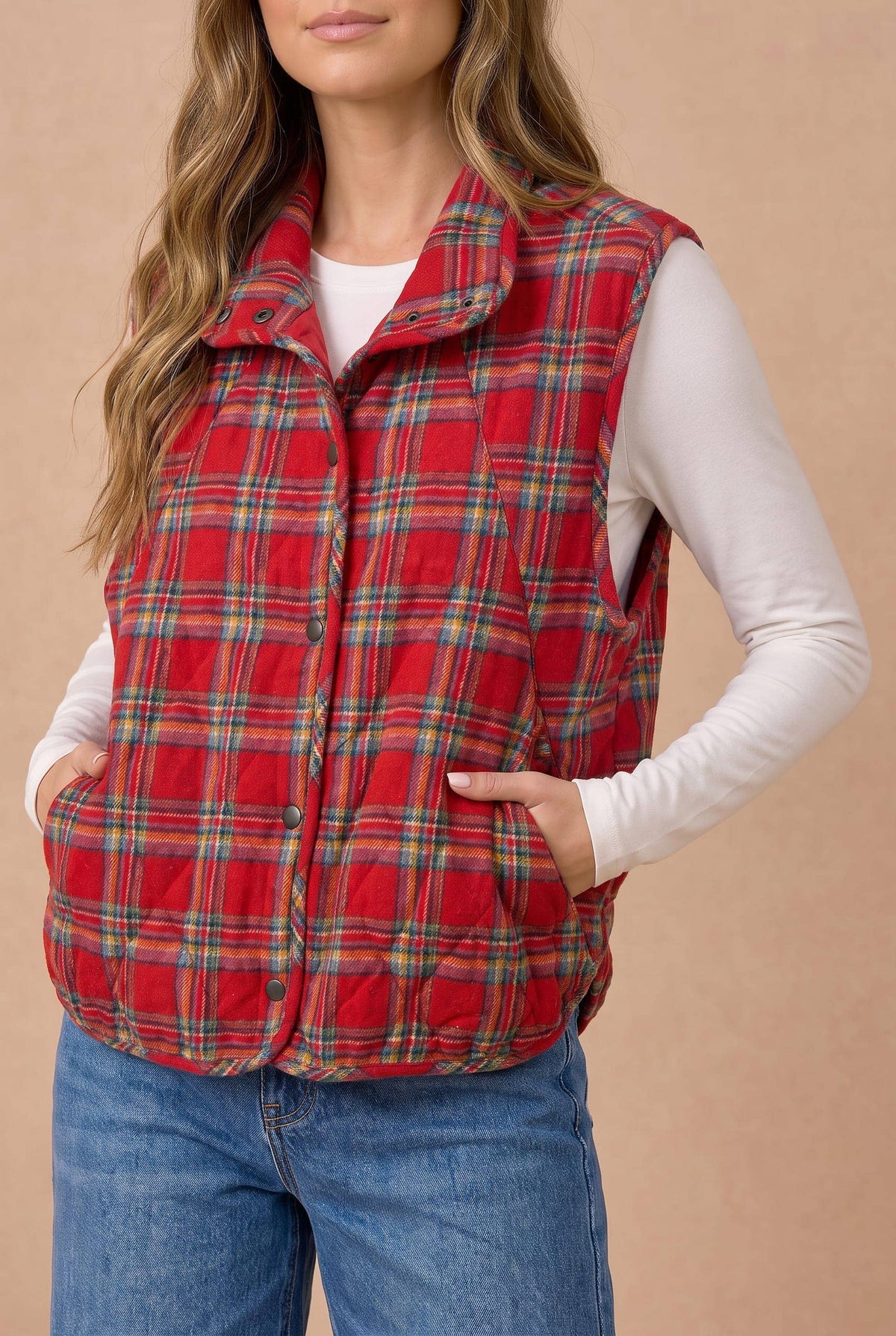 Pre-Order: Plus Snap Button Down Plaid Quilted Puffer Vest