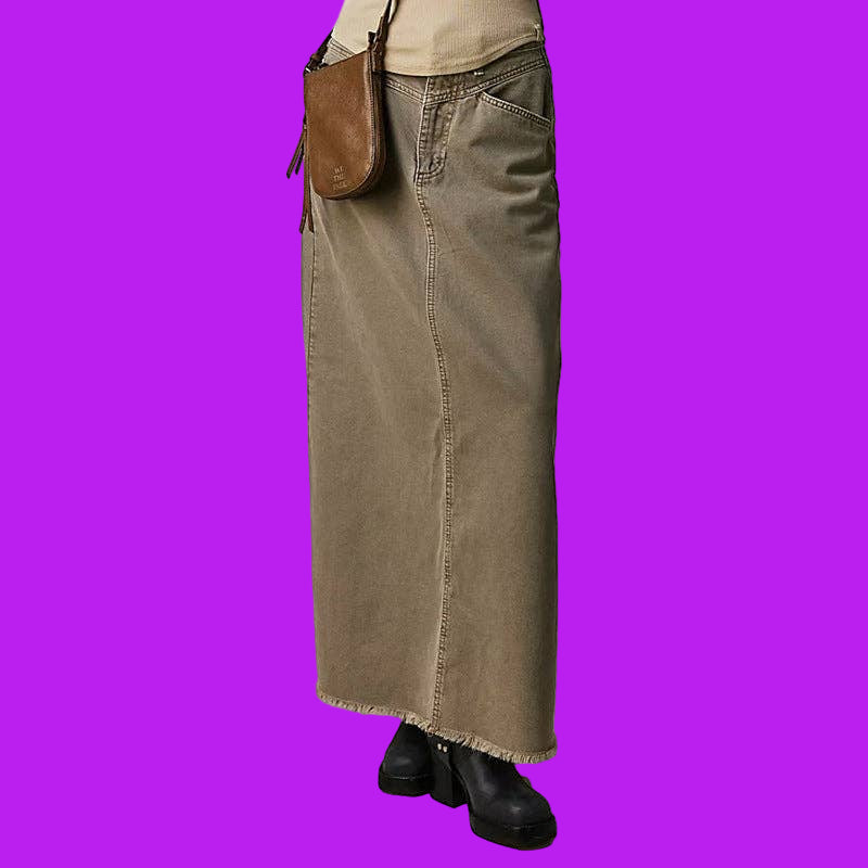 Washed Raw Hem Denim Maxi Skirts
