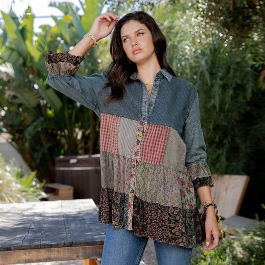 Western Denim Yoke Patchwork Tiered Tunic Top (New Color)
