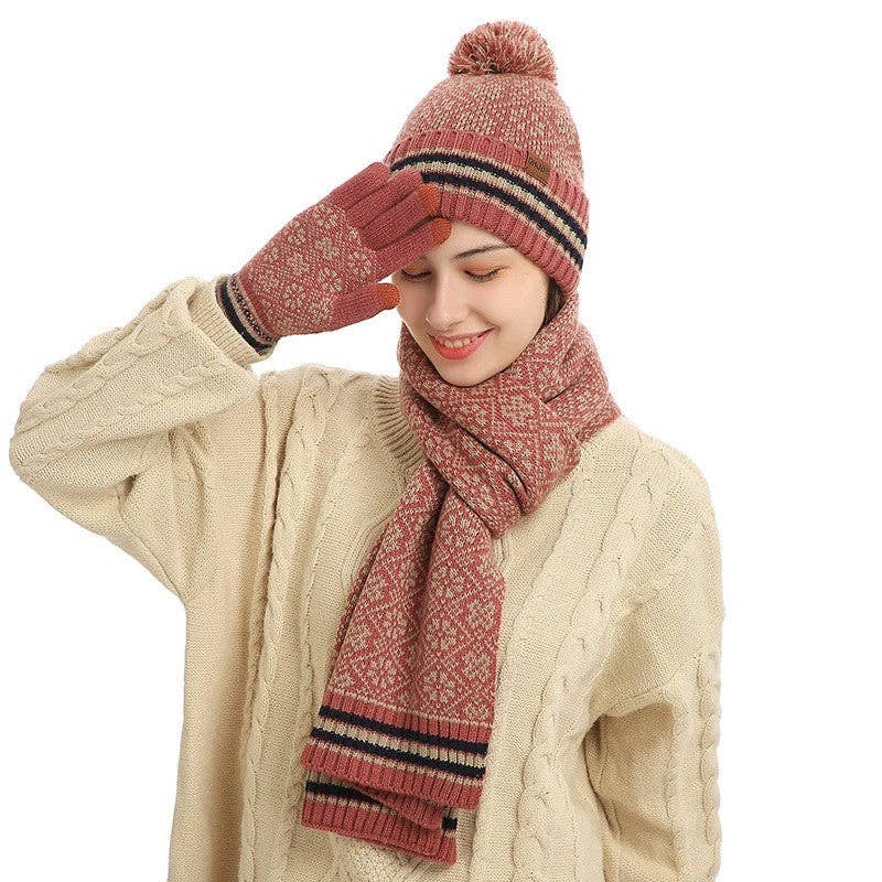 Three-Piece Woolen Hat, Scarf And Gloves