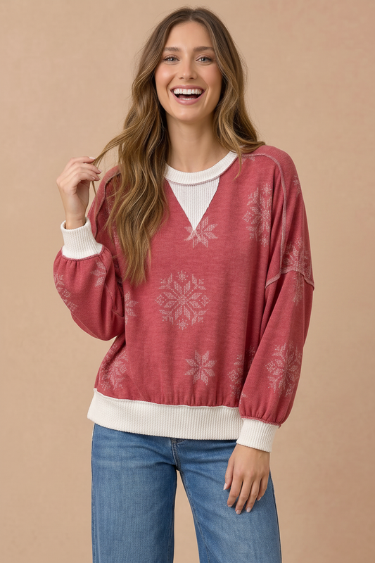 Pre-Order: Plus Snowflake Wave Rib Brushed Hacci Pullover Top