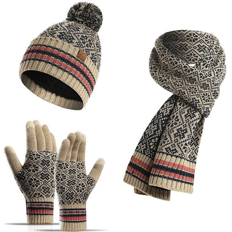 Three-Piece Woolen Hat, Scarf And Gloves