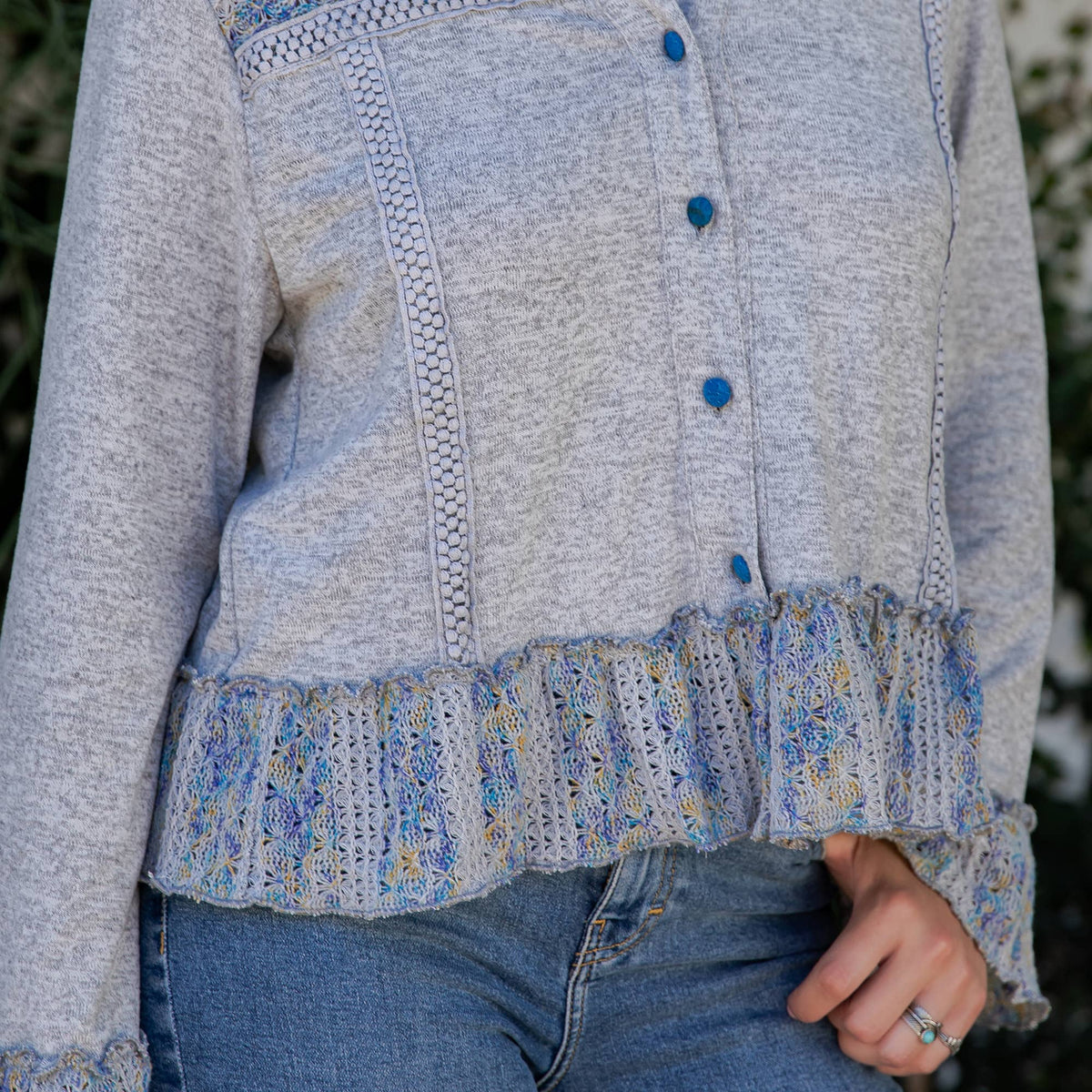 Cozy Knit Boho Jacket Top with Crochet & Frills - New 