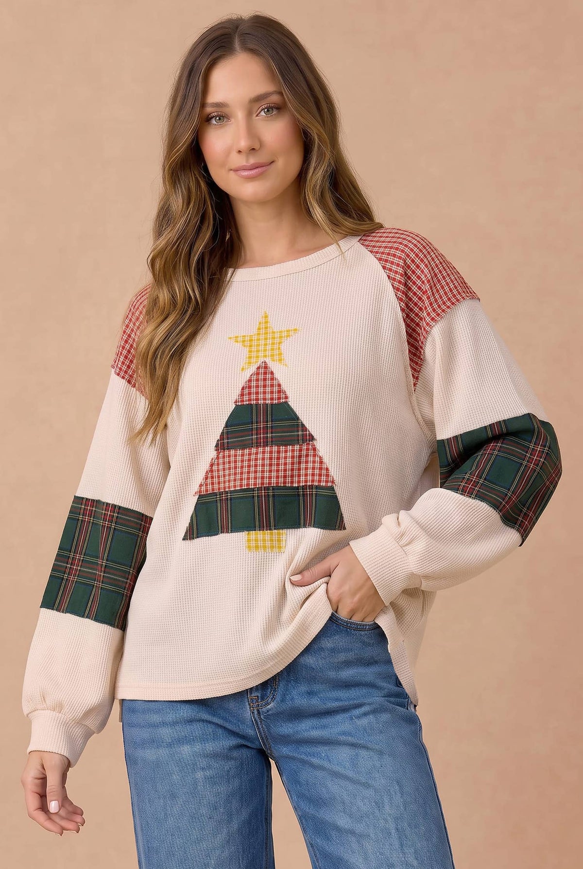 Pre-Order : Christmas Tree Plaid Color Block Top