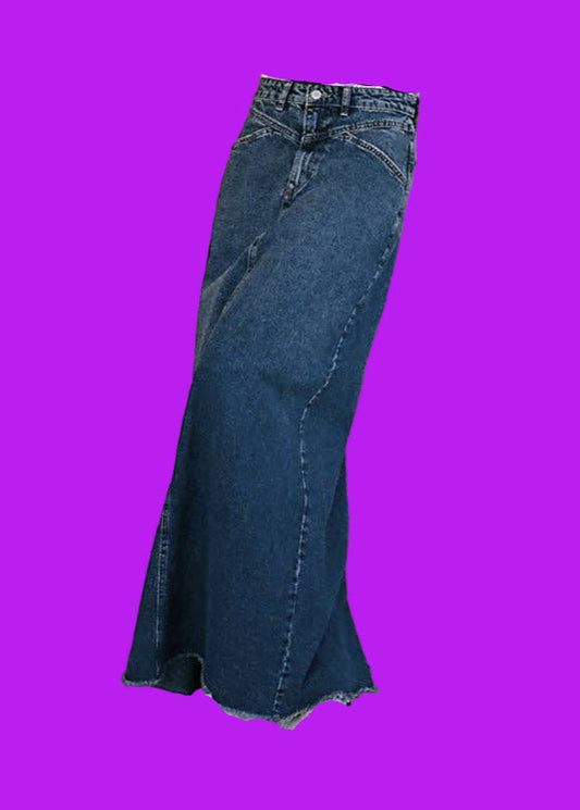 Washed Raw Hem Denim Maxi Skirts