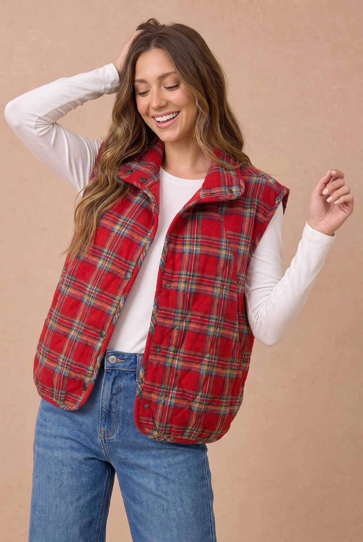 Pre-Order: Plus Snap Button Down Plaid Quilted Puffer Vest