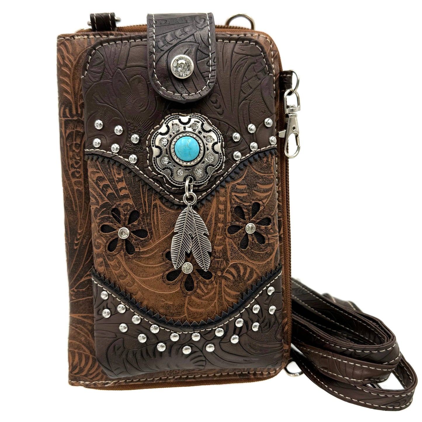 Turquoise Stone Feather Leather Western Phone Wallet