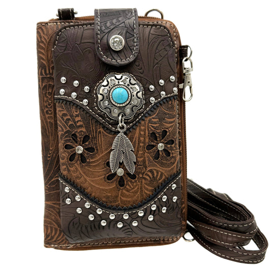Turquoise Stone Feather Leather Western Phone Wallet