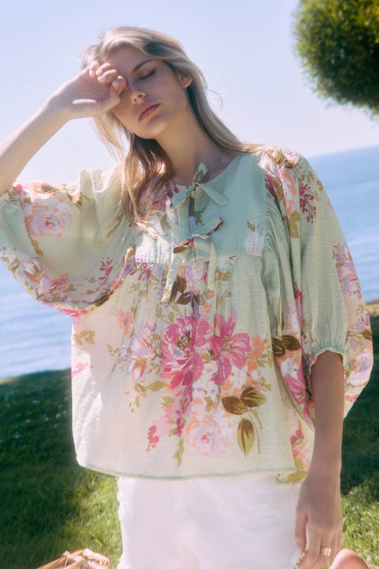 Floral Printed Batwing Sleeve Front Tie Top