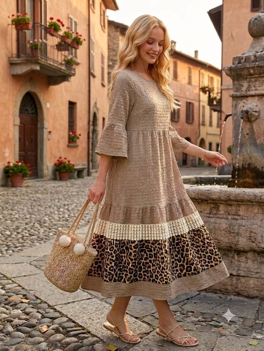 Women's Textured Dress with Leopard Contrast and Lace