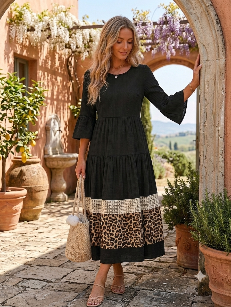 Women's Textured Dress with Leopard Contrast and Lace