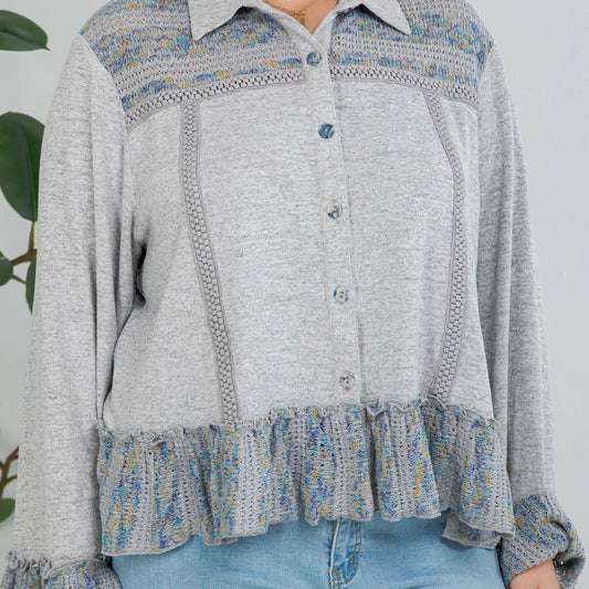 Cozy Knit Boho Jacket Top with Crochet & Frills - New 