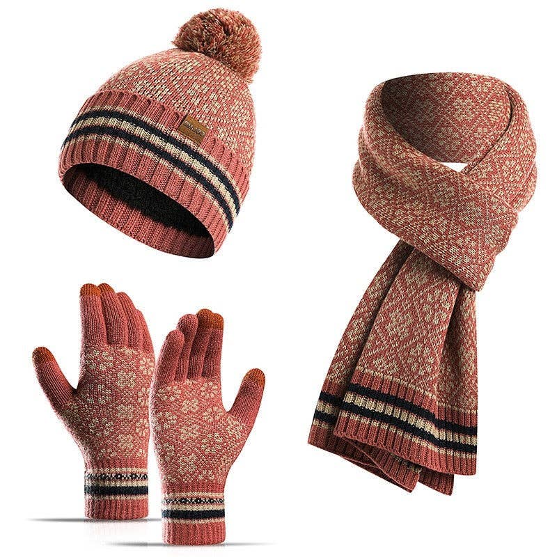 Three-Piece Woolen Hat, Scarf And Gloves