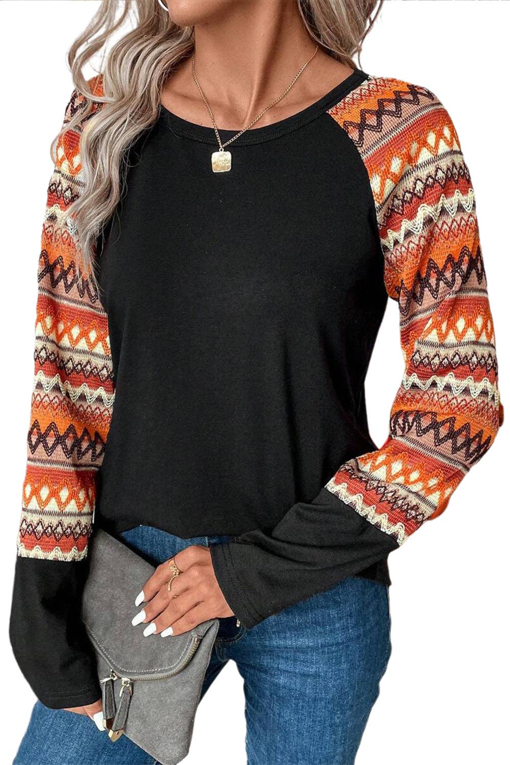 Orange Geo Print Raglan Long Sleeve Tee