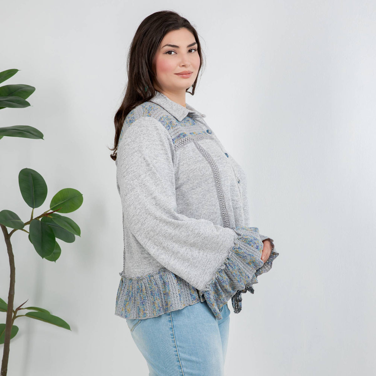Cozy Knit Boho Jacket Top with Crochet & Frills - New 