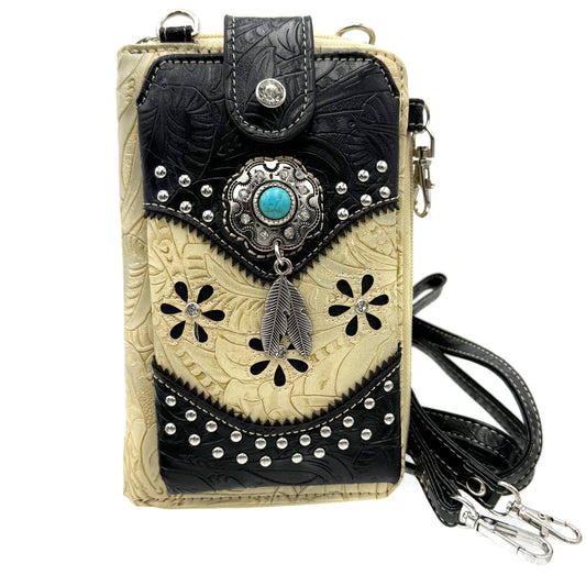 Turquoise Stone Feather Leather Western Phone Wallet