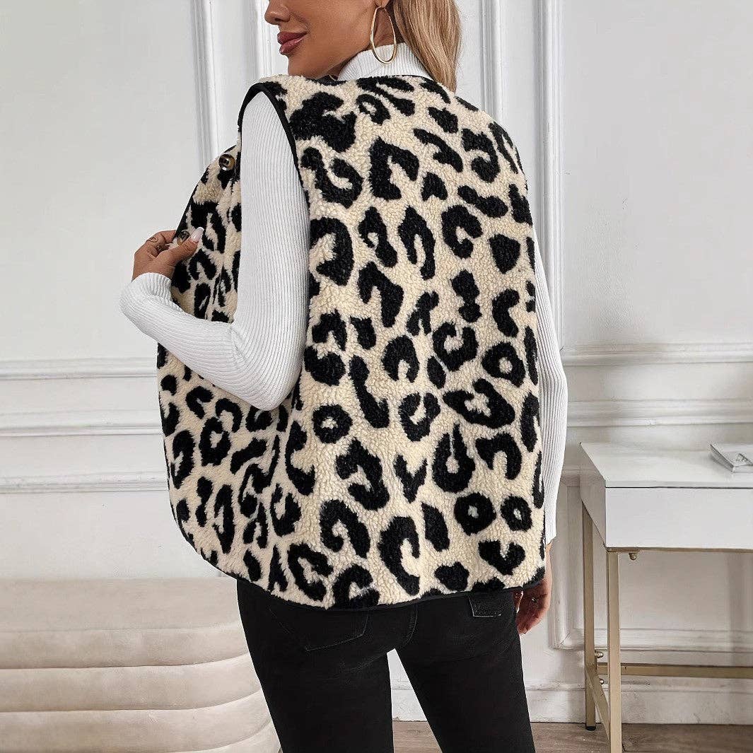 Leopard Sherpa Vest Button Front Fuzzy Layering