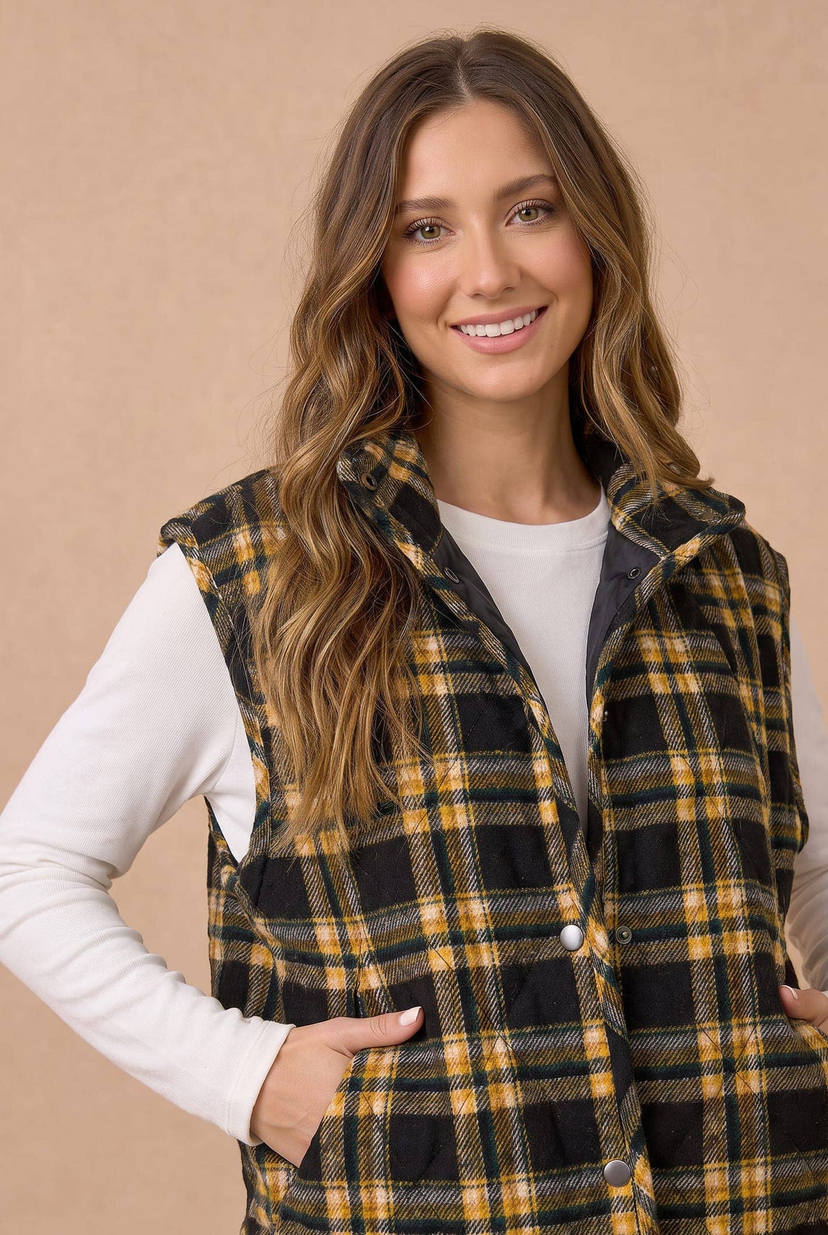 Pre-Order: Snap Button Down Plaid Quilted Puffer Vest