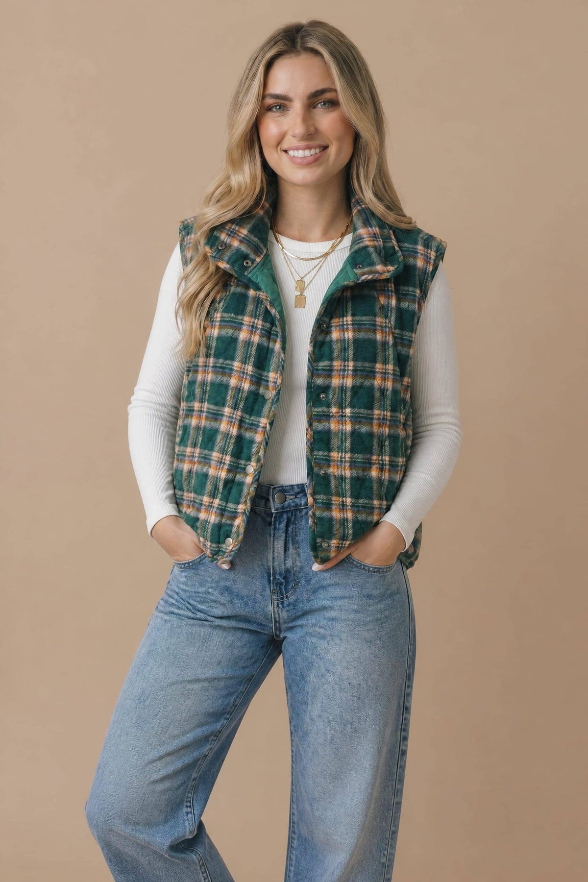 Pre-Order: Snap Button Down Plaid Quilted Puffer Vest
