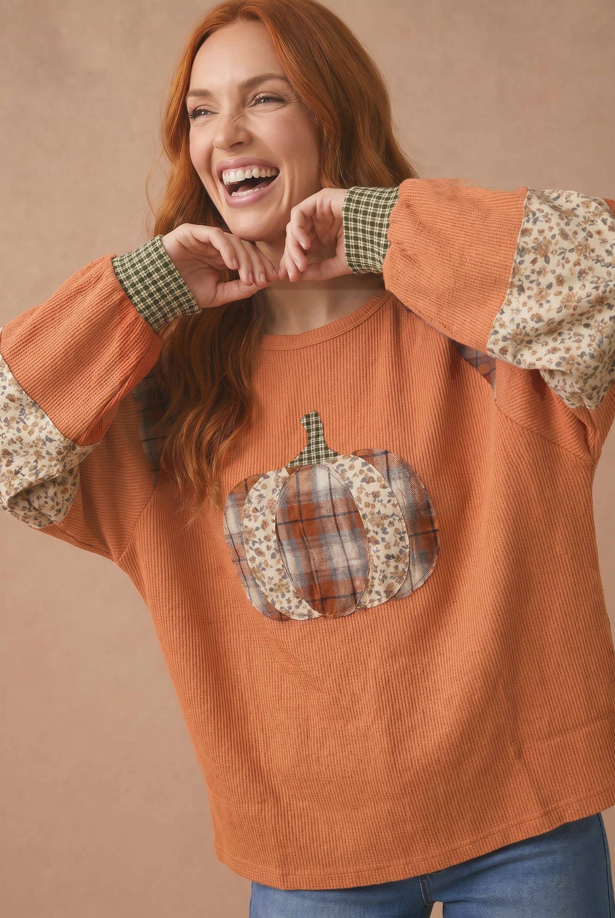 Pre-Order: Pumpkin Patchwork Thermal Knit Top
