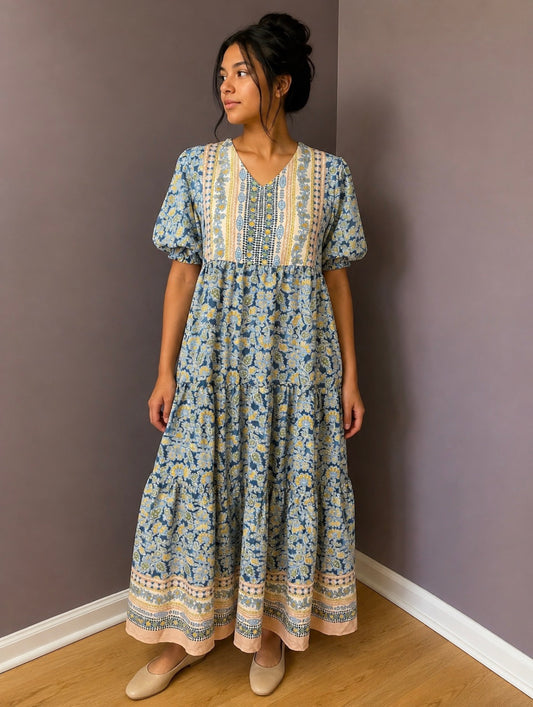Blue Floral Boho Maxi Dress